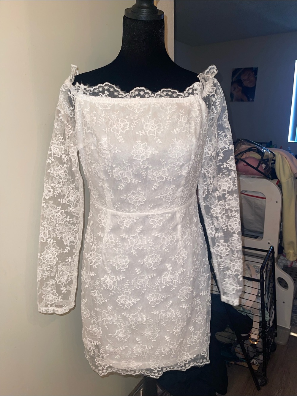 White Lace Long-Sleeve Mini Dress